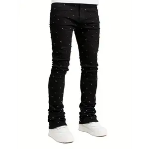 Men's Slim-Fit Rhinestone And Aqua Blue Embellished Stacked Denim Jeans, Fashion Mid Stretch Casual Pants For Outdoor Street
