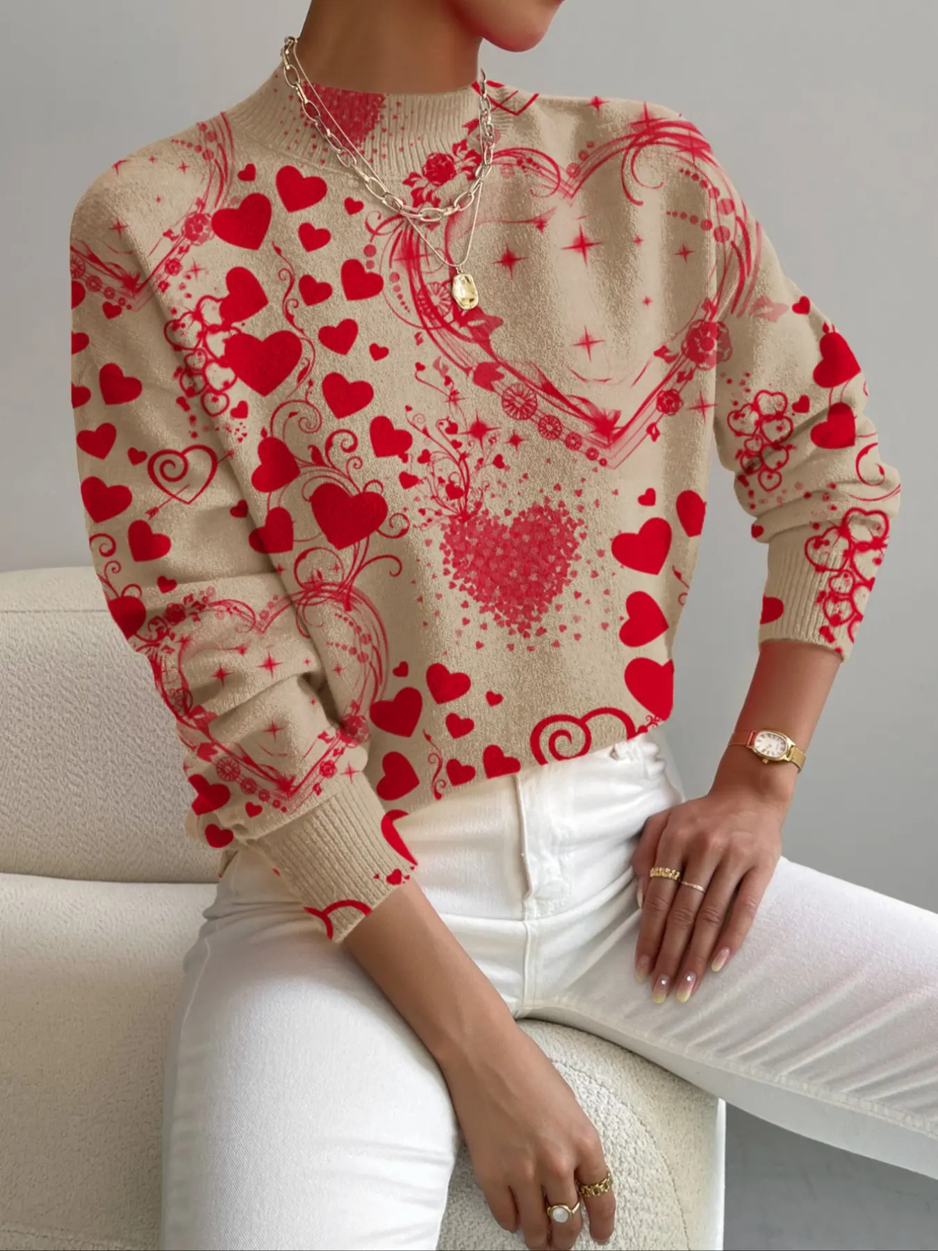 Women's Fall Winter Knit Sweater, Elegant Heart Pattern Design, Casual & Commute Wear, Perfect Valentine Gift, Holiday Style, Knitwear