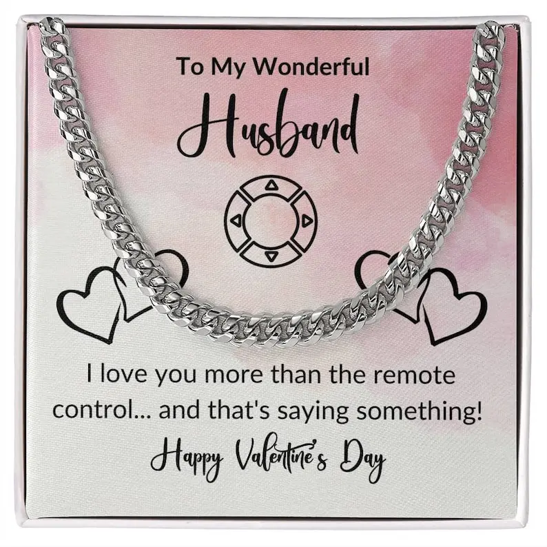5mm Stainless Steel Cuban Link Heart Motif Weighted Necklace for Husband, Adjustable Casual Wear Jewelry, Birthday-Valentine's Day Anniversary Gift with "To My Wonderful Husband" Card, Mahogany-Style Luxury Box, Complimentary Soft-Touch Box-Standard L, Ma