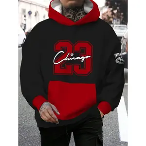 "Chicago #23" letter print men's hooded contrasting sweater with drawstring design, men's spring and autumn jumper