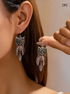 2pc Vintage Owl Hollow Out Dangle Leaf Design Earrings for Women, Perfect for Parties and Daily Wear, Stylish and Unique Jewelry