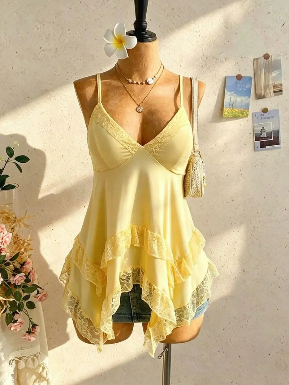 Soleia Women's Solid Color Contrast Lace Asymmetric Hem Camisole Yellow Tops For Women Elegant