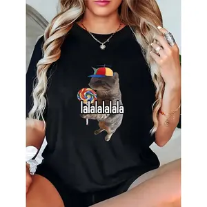 Women's Black T-Shirt - Funny Cat with Propeller Hat, Lollipop & 'lalalalalala' Print | Casual Daily Summer Wear for Cat Lovers 100% Cotton T-shirt