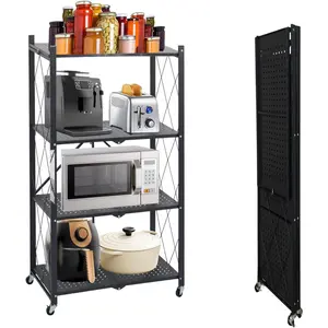4 Tier Foldable Storage Shelf, Large Capacity Metal Shelf Rack, Rolling Bookshelf with Wheels, Wire Shelf Organizer for Kitchen, Pantry, Office, Garage, Basement, Black
