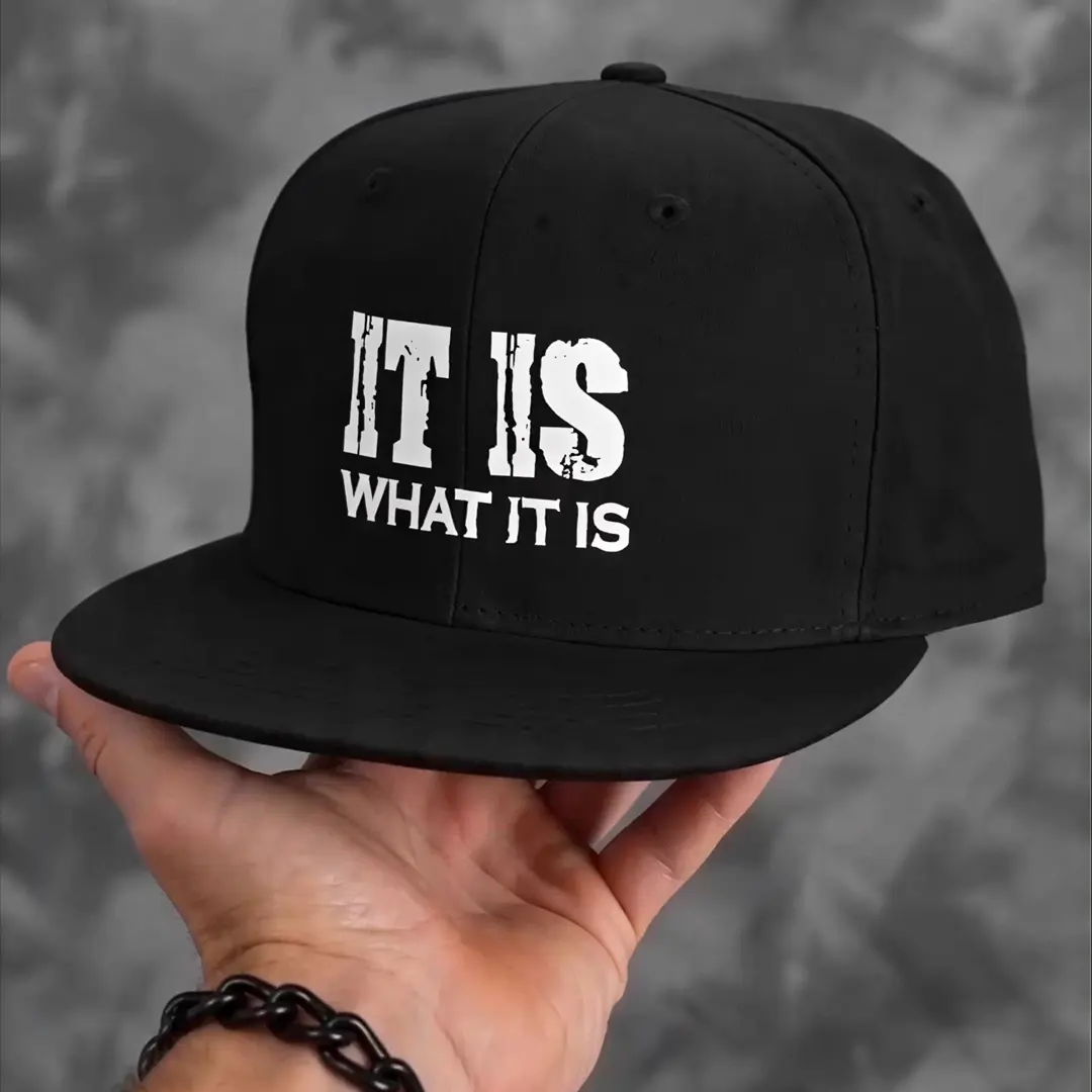 IT IS WHAT IT IS Flat Bill Snapback Hat - Casual Streetwear Cap,"It Is What It Is" Streetwear Cap,Casual Streetwear Hat,Black Distressed Print Snapback,Streetwear Snapback Hat,black cap baseball,flat brim sun hat,Adjustable Stylish Hat