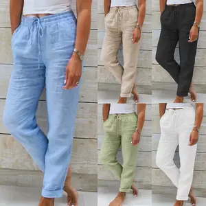 European & American New Women’s High-Waist Elastic-Waist Solid-Color Cotton-Linen Casual Pants, 2025 New Style