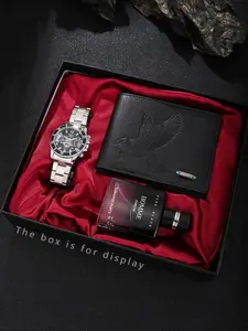 Men's Business Fashion High End Watch & Eagle Design Wallet & Perfume Set, Unique Style Watch Set for Men, Trendy All-match & Exquisite Watch Set for Birthday Gift