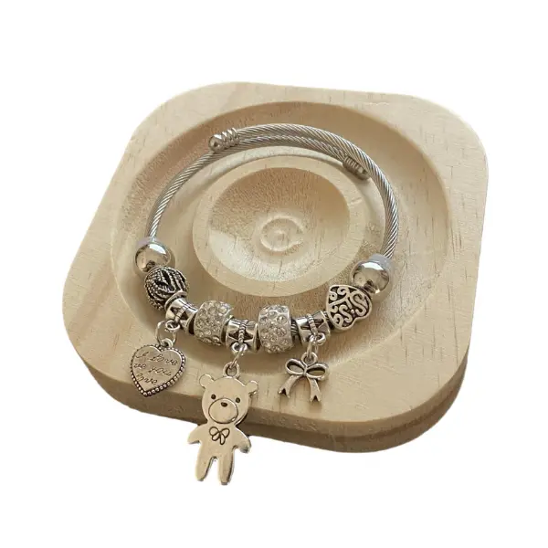 Halloween Fall Gift Stainless Steel Bracelet Love Bear DIY Beaded Open Bracelet New Niche Design Sense Light Luxury Zircon Jewelry