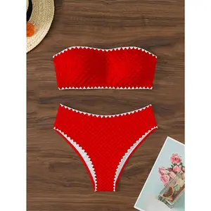 2024 New European And American Split Sexy Bikini Solid Color High Waist Lace Buds Design Women'S Border Swimwear