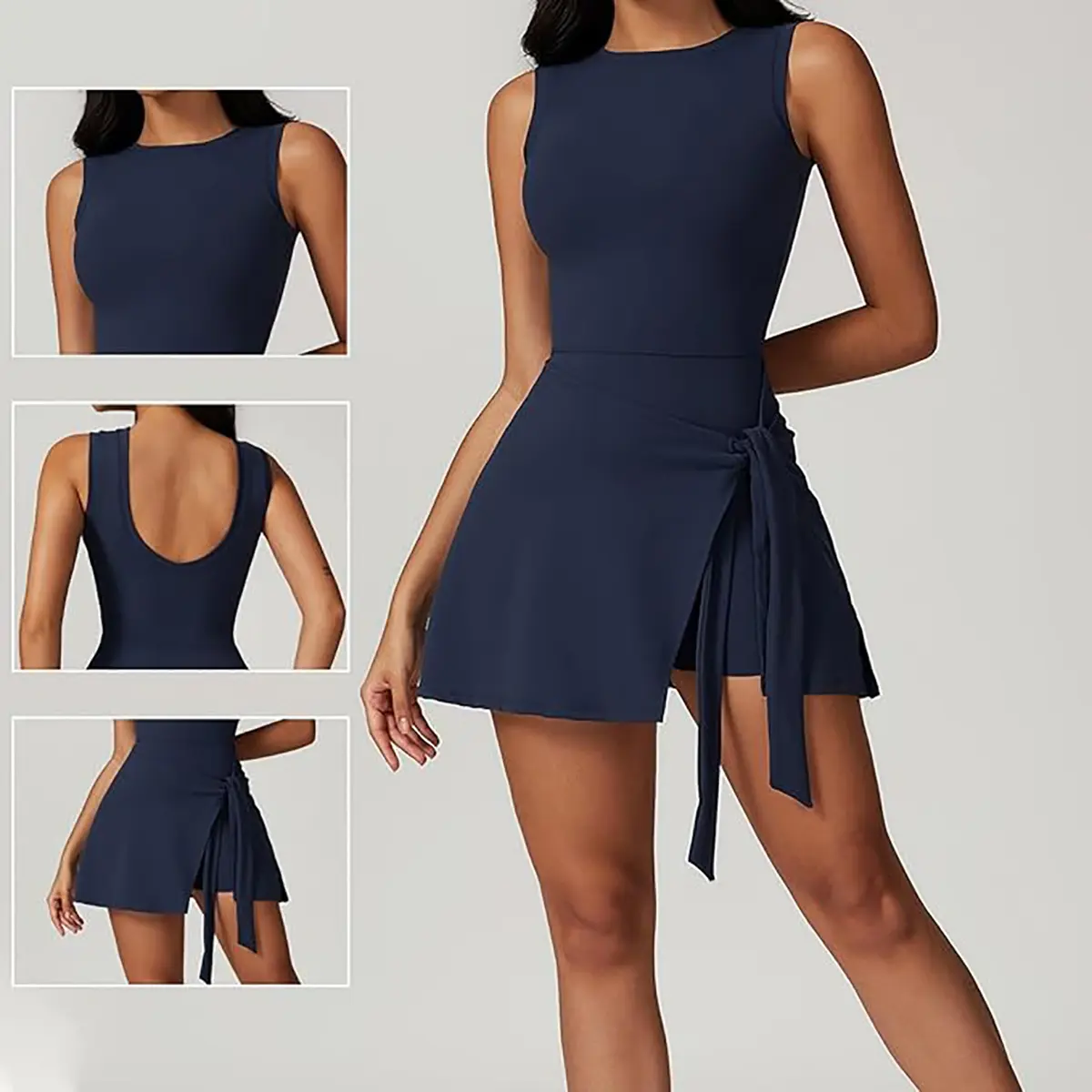 Women's 2-Piece Sleeveless Athletic Workout Dress - Solid, Anti-Light Tight, Slimming Straps, Lace-Up Design, Tennis Sports Dress, Machine Washable, Multiple Colors