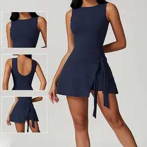 Women's Summer Vacation Two-Piece Anti-Light Tight Sports Dress with Slimming Straps, Lace-Up Design, Available in Various Colors, Machine Washable