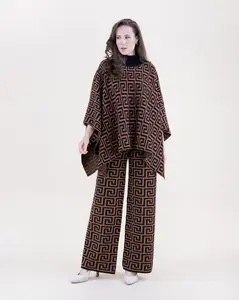 Two Pieces Set Sets Greek Pattern Turtleneck Poncho & High-Waisted Wide Leg Pants Womenswear Clothes Geometric Suits Black Mocha Sets