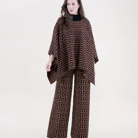 Women's 2-Piece Elegant Acrylic Matching Set - Cozy High Neck Long Sleeve Backside Continuous Greek Poncho, High-Waisted Wide Leg Below the Ankle Pants, Black Mocha All-Over Bold Woven Design All Seasons Suit, Cozy Set