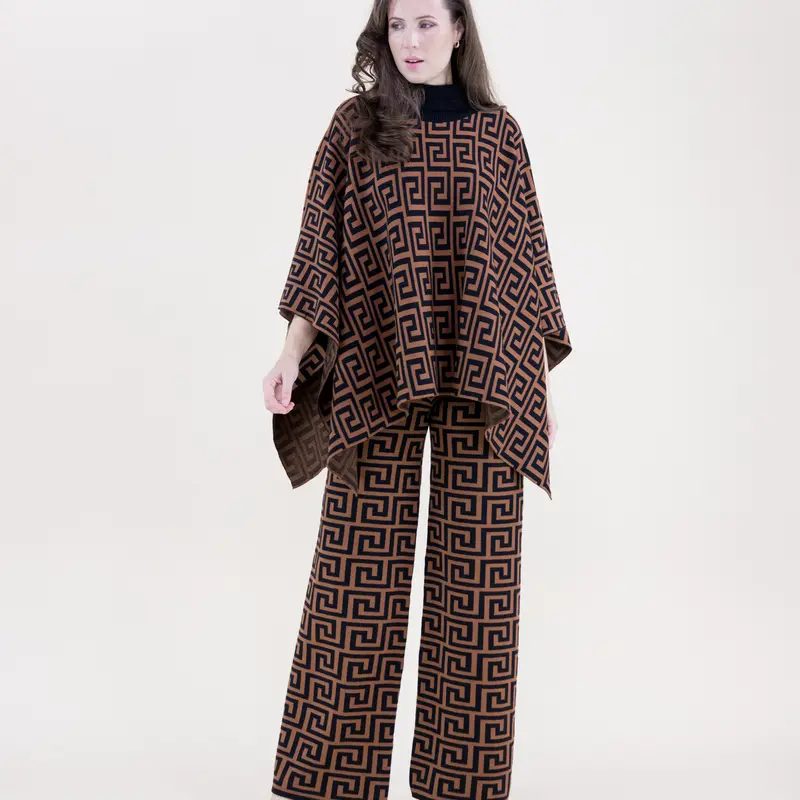 Women's 2-Piece Elegant Acrylic Matching Set - Cozy High Neck Long Sleeve Backside Continuous Greek Poncho, High-Waisted Wide Leg Below the Ankle Pants, Black Mocha All-Over Bold Woven Design All Seasons Suit, Cozy Set