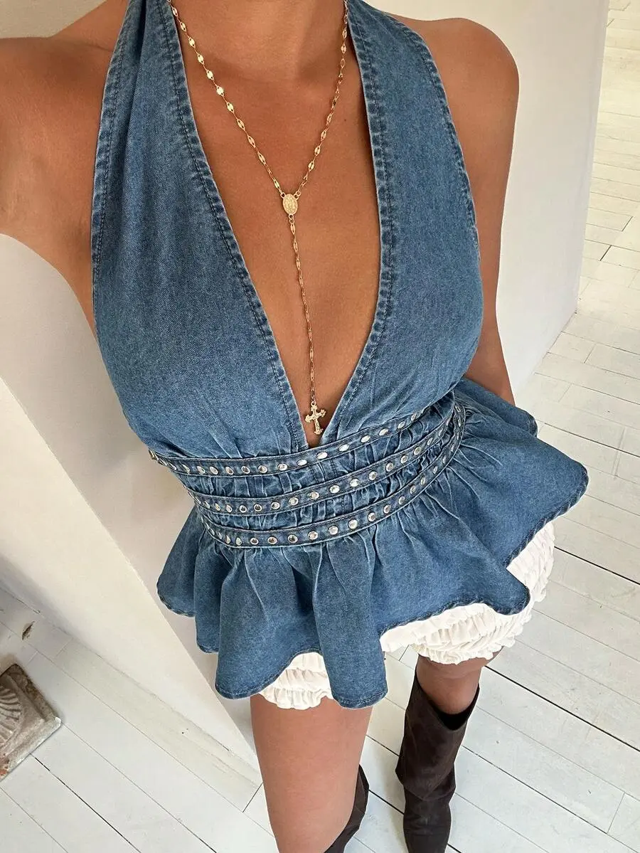 DenimCo Ruffle Trim Deep V-Neck Sleeveless Backless Denim Crop Top Blue Sexy Chic Halter Western Boho Festival Rave Party Vacation Top for Women