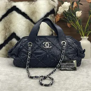Pre-owned CHANEL Distressed Wrinkled Leather, Braided Rope Trim, Quilted, Navy Blue "Miss" Bowling Bag 866