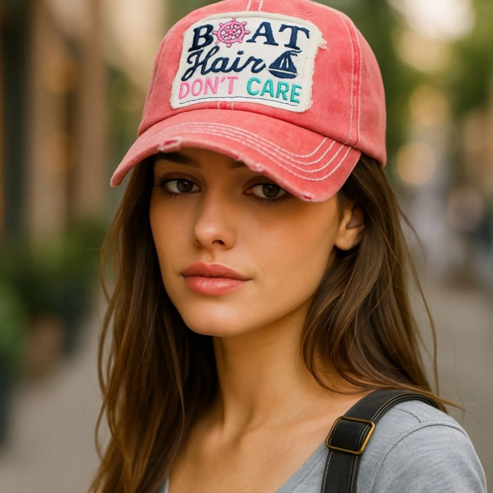 "Boat Hair Don't Care" Baseball Cap Vintage Distressed Embroidered Patch - Local Artist Designed, 100% Cotton, Breathable, Casual, Adjustable, UV Protection