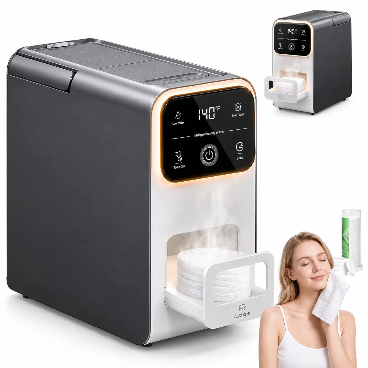 Hot Towel Dispenser Machine for Home Spa - 5s Fast Heating, 150°F Constant Temperature, Smart Voice Reminder, 4-Inch Screen, Soft Night Light, 20 Compressed Facial Towels for Skincare & Makeup Removal