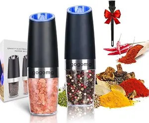 Electric Salt and Pepper Grinder Set, Gravity Sensor, Automatic Pepper Mill, One Hand Operation, Battery-Operated with Adjustable Coarseness, Blue Led Light Kitchen Seasoning