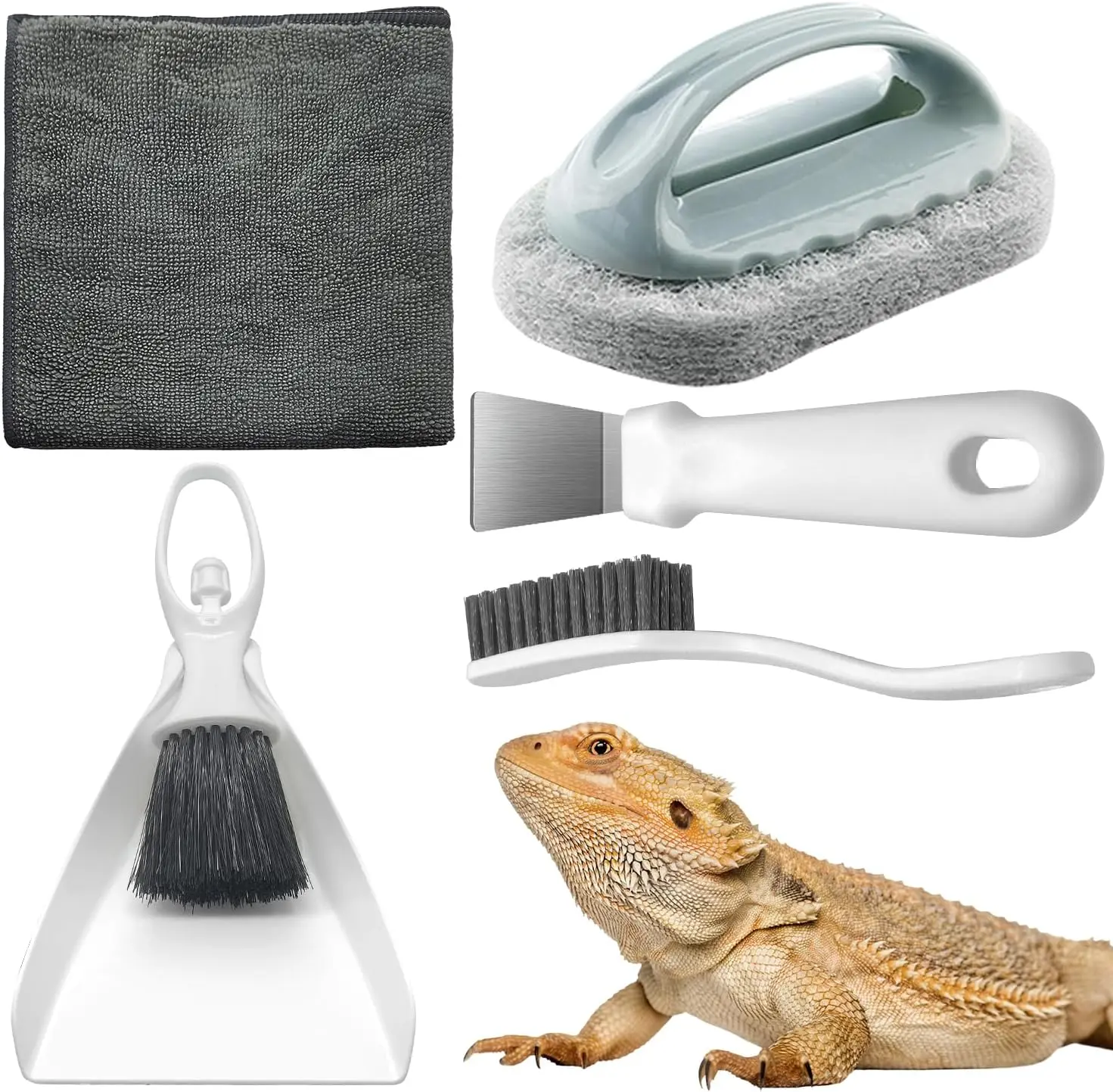Bearded Dragon Tank Multi-Tool Set for Reptile Owners, Reptile Enclosure Cleaning Kit with Mini Dustpan, Brush, Scraper & Cleaning Cloth for Lizard Terrarium Maintenance