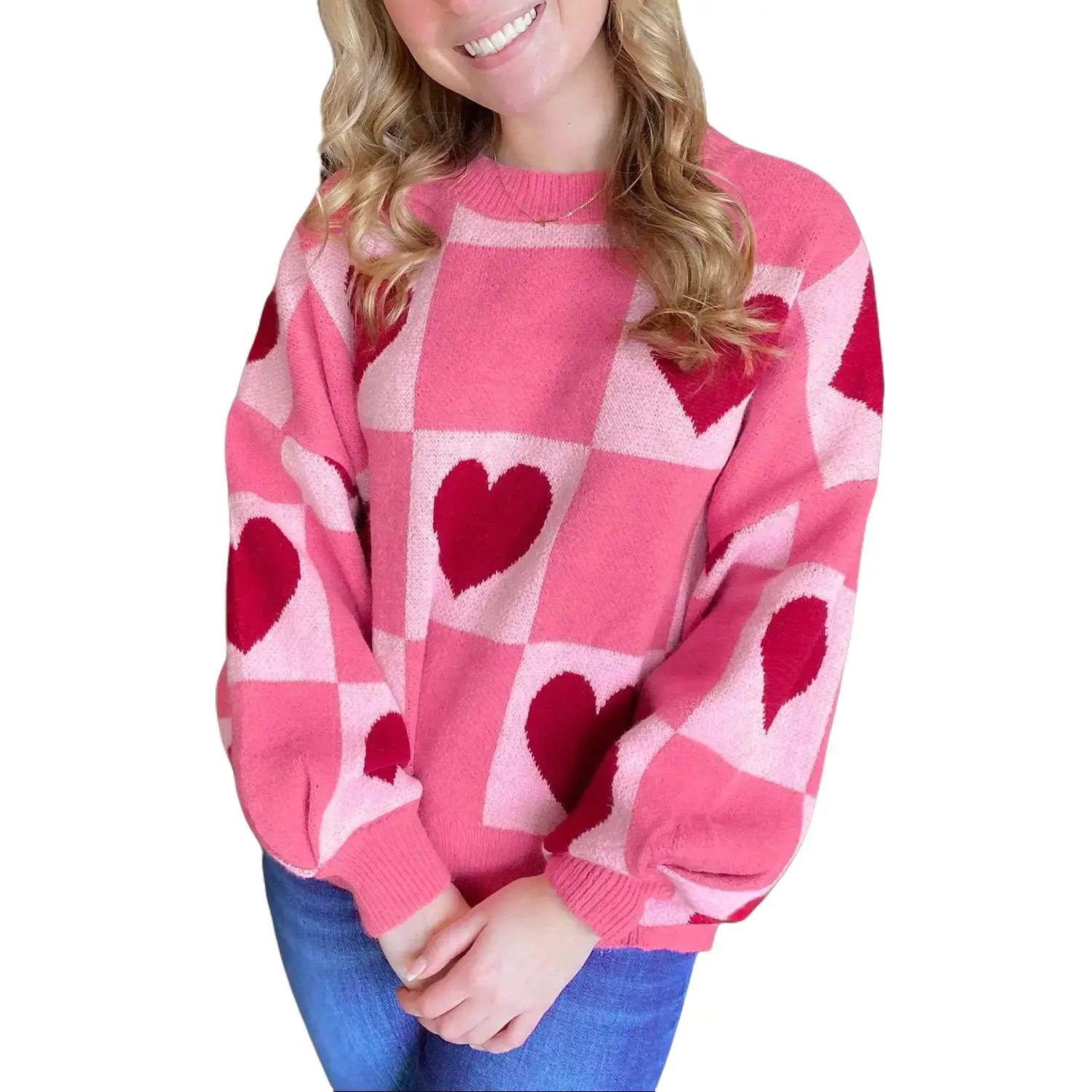 Pink Love Heart Checkered Valentine Crew Neck Sweater