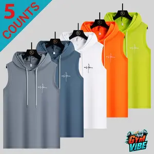 Men 5Pcs Sleeveless Hooded Tank Tops With Drawstring Casual Streetwear Tops For Daily And Weekend Wear