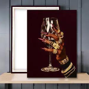 1pc Wooden Framed, Black Woman Holding Elegant Wine Glass Art Poster, Black Girl Wall Art Canvas Painting, Trendy Black Girl Print Wall Art, Aesthetic Design, Classy Modern y2k, For Bathroom, Bedroom, Office, Living Room, Home Decor