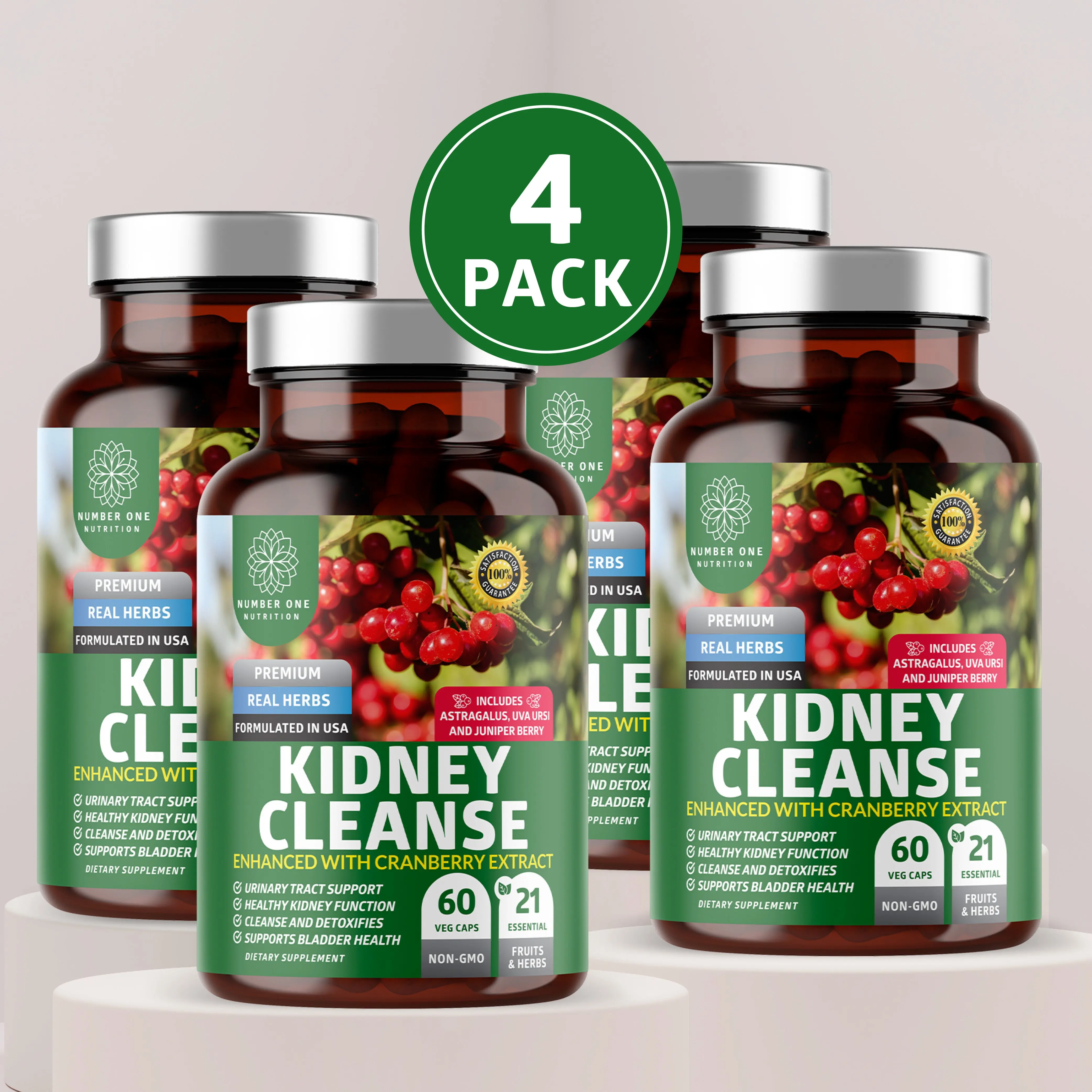 4-Pack Kidney Cleanse Support with 21 Powerful Ingredients like Cranberry, Astragalus and Uva Ursi, 240 Caps