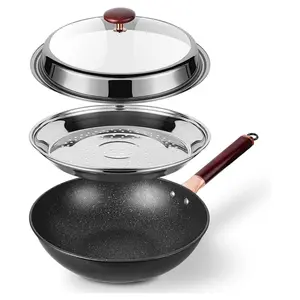 12.5” Woks & Stir-Fry Pans with Lid Steamer, Nonstick Ceramic Wok Pan with Lid, Deep Large Induction Hard Anodized Frying Wok, Carbon Steel Wok Set Flat Bottom, Large Saute Pan Set