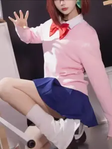 Anime Adult Cosplay Costume, Ramune Momoko, Striped Suit, Short Skirt, School Uniform, Ear Rings, Necklace, Socks, Christmas Party Wear