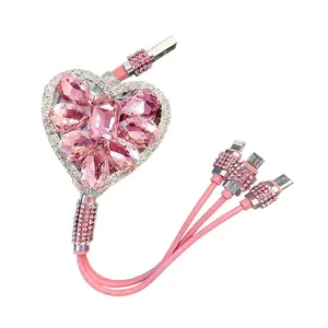 Glitter Heart 3-in-1 USB Charging Cord, High Speed Charging Cable, Fit for Most Smartphone Models, Lovely Car Decoration