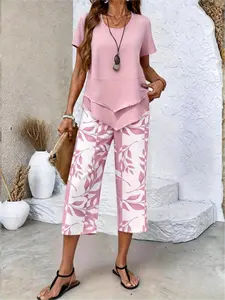Loose Fit Short Sleeve Top & Cropped Pants Set - Trendy Leaf Print Loungewear Pajama Nightwear Womenswear Homewear