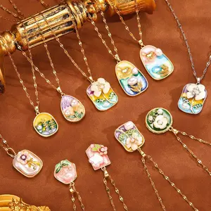 French Vintage Monet Garden Necklace Copper Micro-inlaid Pearl Light Luxury Bead Retro Oil Painting Style Clavicle Chain Jewelry