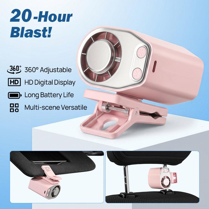 JOYTUTUS 2026 Car Clip On Air Conditioner Fan with LED Display - 360° Rotation, 100 Speeds Adjustable, USB Rechargeable Personal Cooling Fan, 60.8°F Semi-Cooling Wide Clamp 20Hr 3000mAh Battery, 2 Buttons, Left Button for Speed, Right Button for Cooling