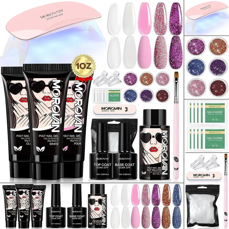 MOROVAN 30g Large Capacity Poly Gel Nail Starter Kit: All-In-One Nail Extension Set with UV Lamp, Clear & Pink Shades, Perfect for Beginners to DIY Salon Manicure at Home Nail Charms Acrylic Overlays, Builder Gel, Nail Extensions