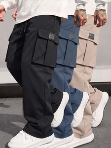 Men's Hip Hop Baggy Wide Leg Cargo Pants, Drawstring Elastic Waist, Small Square Label Flap Pockets, Loose Streetwear Trousers,  Lightweight Solid Casual Daily Bottoms