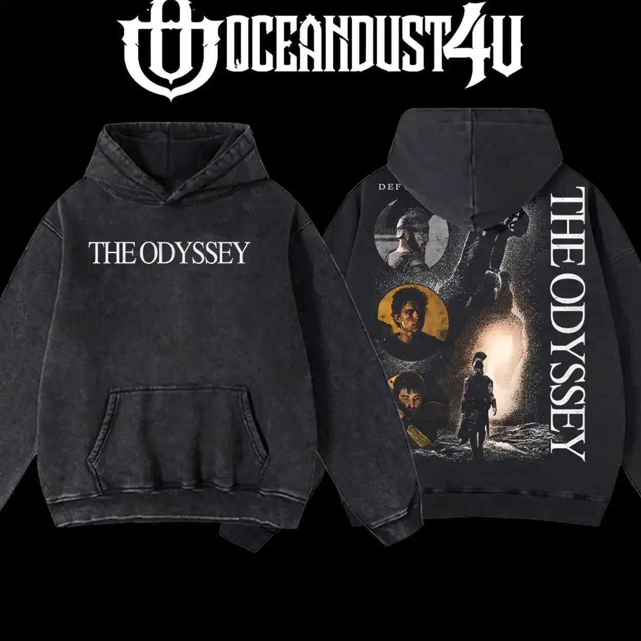 OceanDust4U The Odyssey "Defy The Gods" Menswear Apparel - 100% Premium Cotton Oversized Pre-Washed Unisex Hoodie & T-Shirt, American Made Classic Top JO3