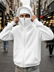 Men's Solid Color Knit Plain Fitted Hooded Sweatshirt, Pullover Balaclava, Fall Winter Fashion, Casual Long Sleeve Drop Shoulder Design