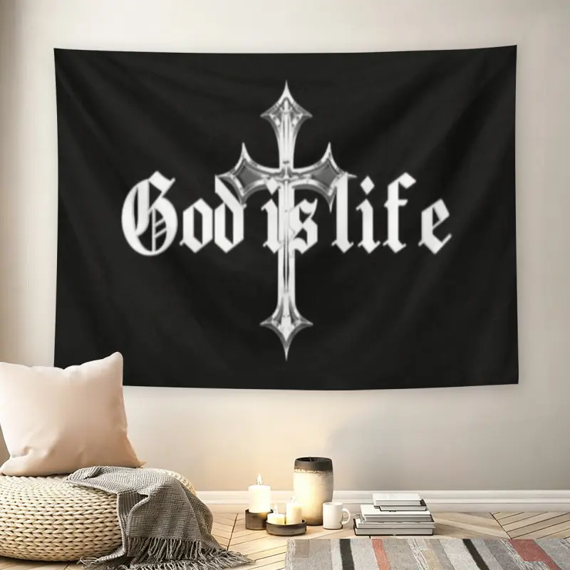 God is Life Chrome Cross Gothic Wall Flag, Black Background Old English Text Tapestry, Mid-century Modern Grunge Christian Room Decor for Adult Fans, Ornate Silver Cross Religious Wall Hanggmusic comics wall flags custom tapestries