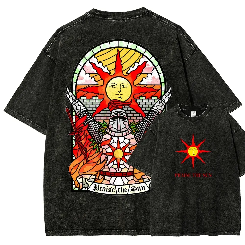 Praise The Sun Graphic T Shirt, Vintage Washed Oversized Tee for Men and Women, Medieval Knight Stained Glass Artwork Streetwear Shirt, Retro Fantasy Warrior Print Casual Top, Soft Cotton Distressed Short Sleeve Tee for Gaming Fans