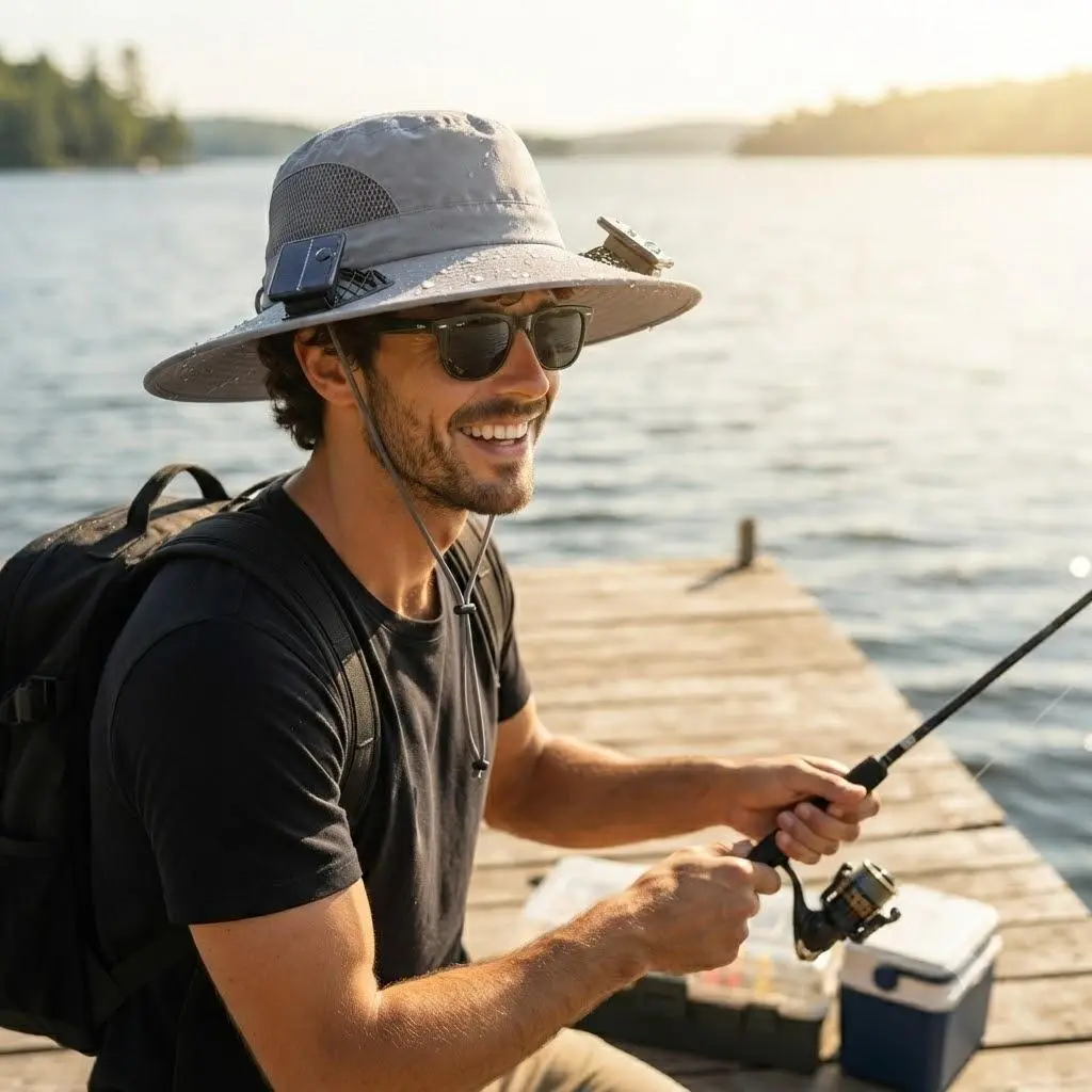 New Solar-Powered Outdoor Sunproof UPF 50+ Cooling Fan Hat - Unisex Lightweight Water-Resistant Bucket Hat, Dual-Power Rechargeable Fan, Ideal for Golf, Sporting Events