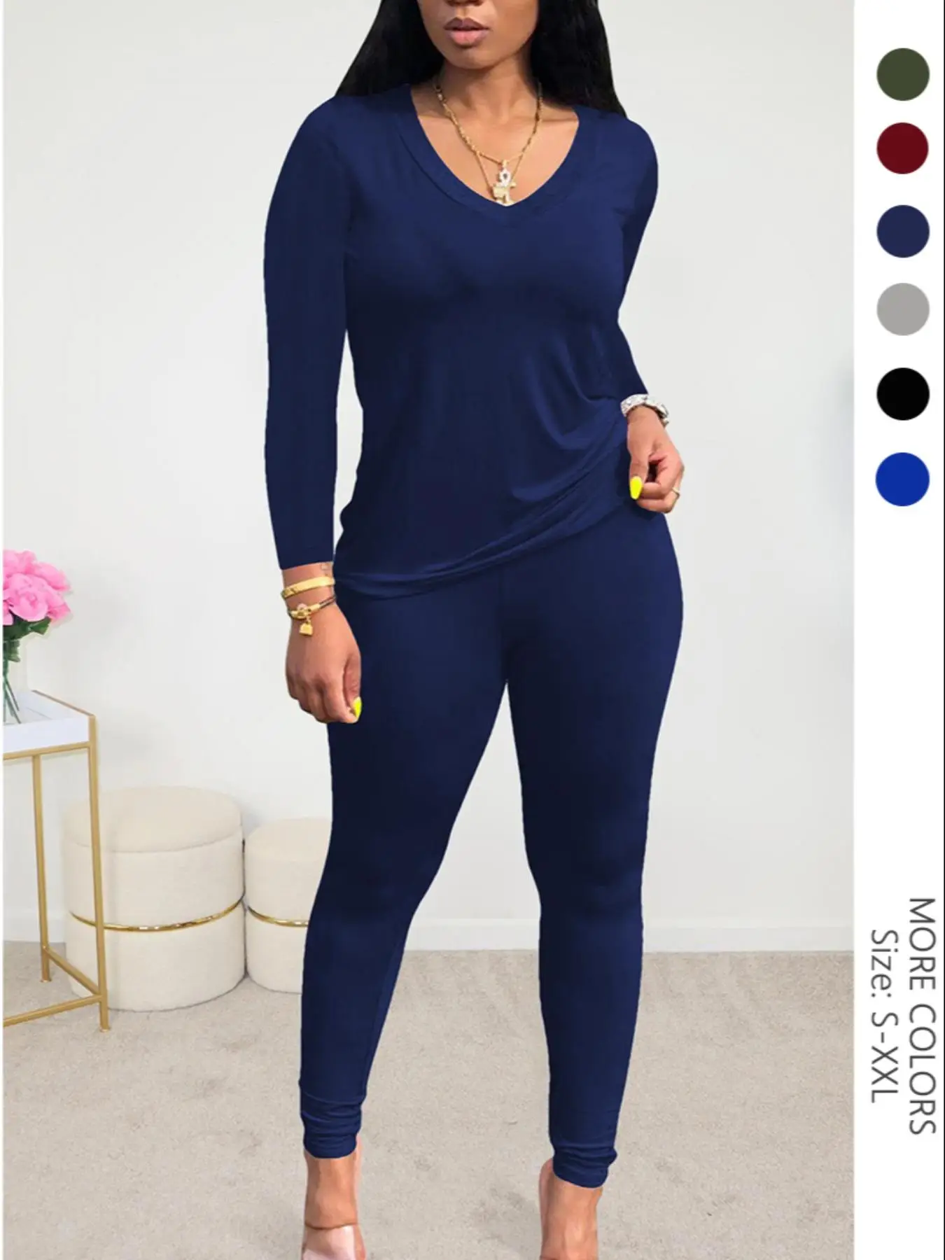 Womenswear Solid Long Sleeve V Neck Tee & High Waist Leggings Two-Piece Set, Fall Outfits, Minimalist Fashion Cozy Top & Skinny Pants for Daily Outdoo