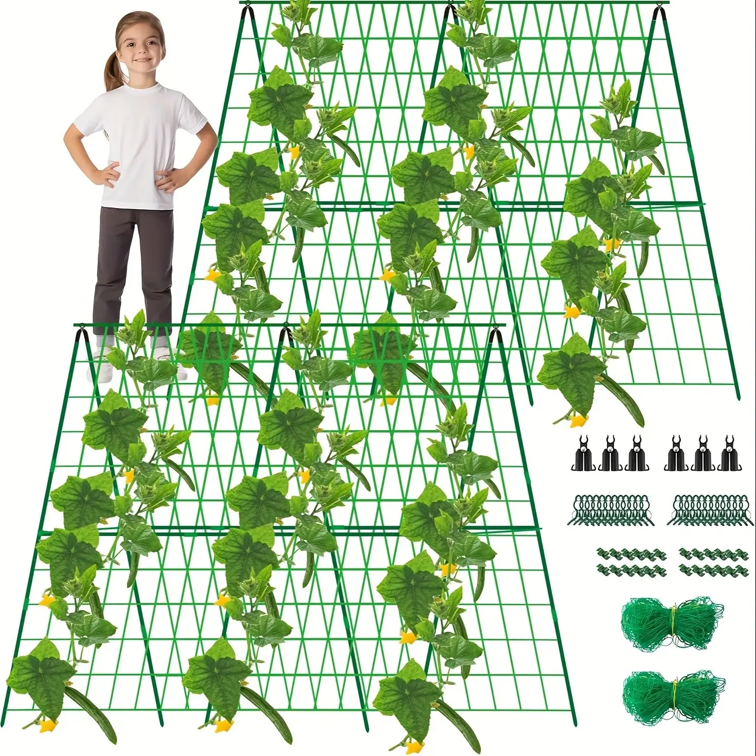 Two Sets of 48" by 48" Collapsible Cucumber Trellises Designed for Raised Beds - A-Frame Garden Trellises Suitable for Climbing Plants Outdoors, Complete with Climbing Net And Plant Support Clips for Outdoor Vegetables, Zucchini, And Flowers