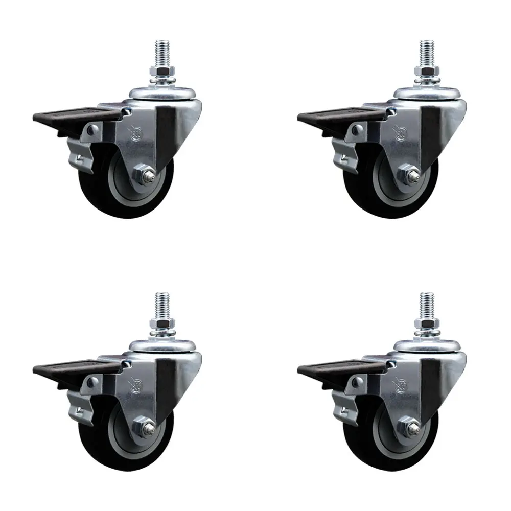 Service Caster SCC-TS20S314-PPUB-BLK-PLB-M1015-4 Polyurethane Swivel Threaded Stem Casters (4-Pack with Posi Lock Brakes), 3 x 1.25 in Black Non-Marring Wheels, 10 mm Stem, 1,200 lbs Capacity, Bolt Hole Design, for Material Handling Carts/Equipment