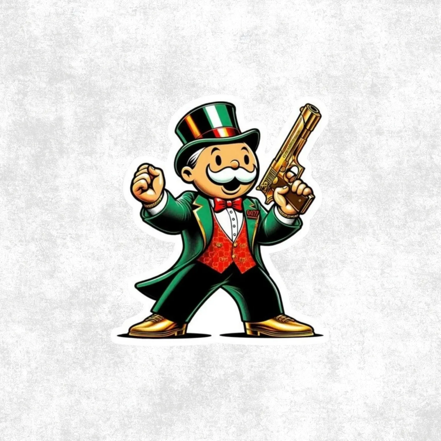 Mr Monopoly with a golden gun Sticker