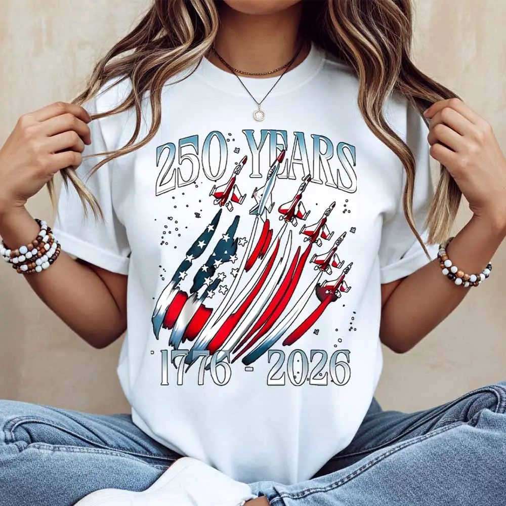 American Flag And Jet Planes 250 Years 1776 2026 Print T Shirt Women Casual Short Sleeve Top