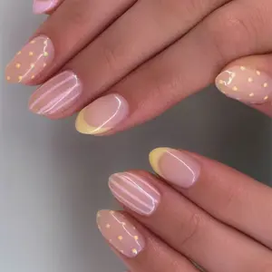 24pcs Oval Short Fake Nails, Nude Macaron French Polka Dot Nail Designs, Reusable, Includes Jelly Glue & Nail File, Perfect for All Seasons