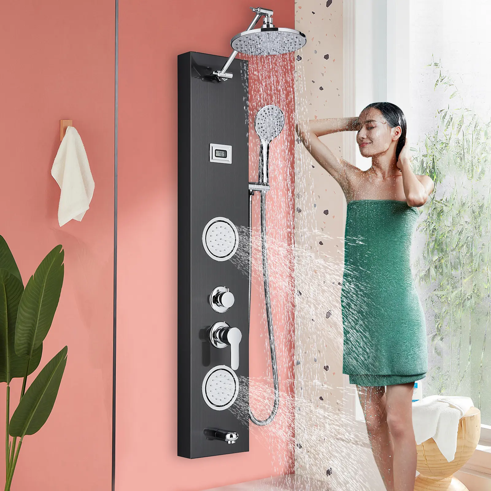 Black Shower Panel Tower System, 4 Function Shower Column with Rainfall Shower Head, Handheld Shower, 2 Body Massage Jets, Tub Spout & Digital Temperature Display, Stainless Steel Bathroom Shower Tower System