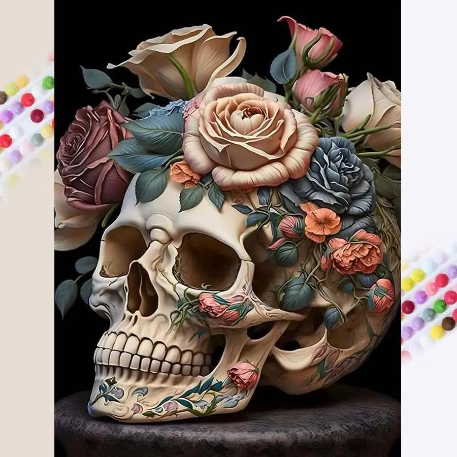 5D DIY Diamond Painting Kit, Skull Rose Background, Full Round Drill Mosaic Art, Home Decor Gift, Creative Needlework Craft