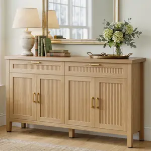 63" Sideboard Buffet Cabinet, Boho Storage Cabinet with Adjustable Shelves, Farmhouse Credenza Coffee Bar Cabinets with 4 Doors & 2 Drawers for Living Room, Hallway & Kitchen